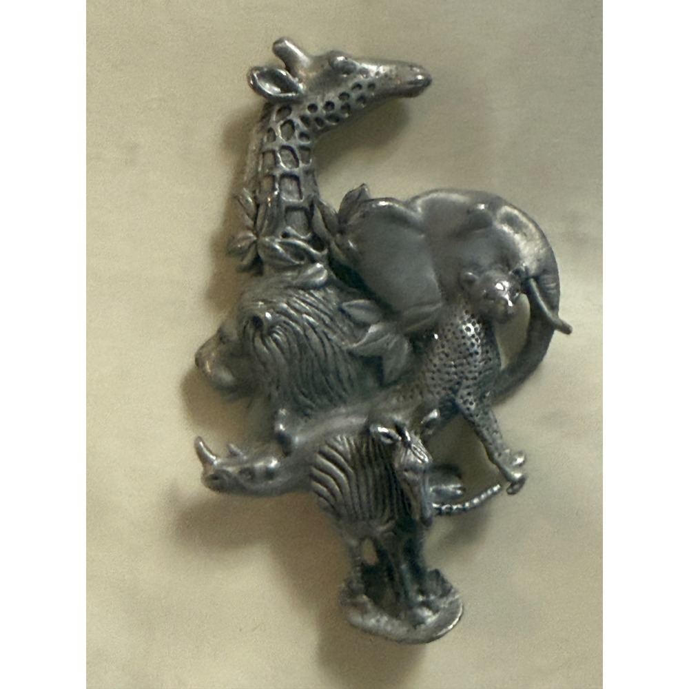 Vintage Pewter African Safari Animals Brooch Giraffe Elephant Lion Rhino Zebra